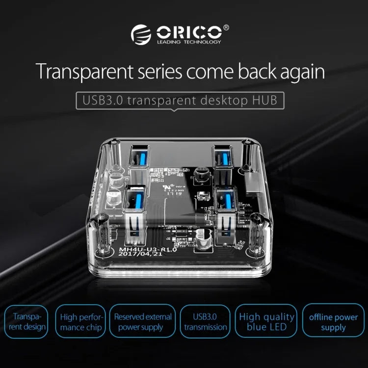 ORICO MH4U-100 USB 3.0 투명 데스크탑 허브, 100cm 마이크로 USB 케이블 포함, MH4U-100