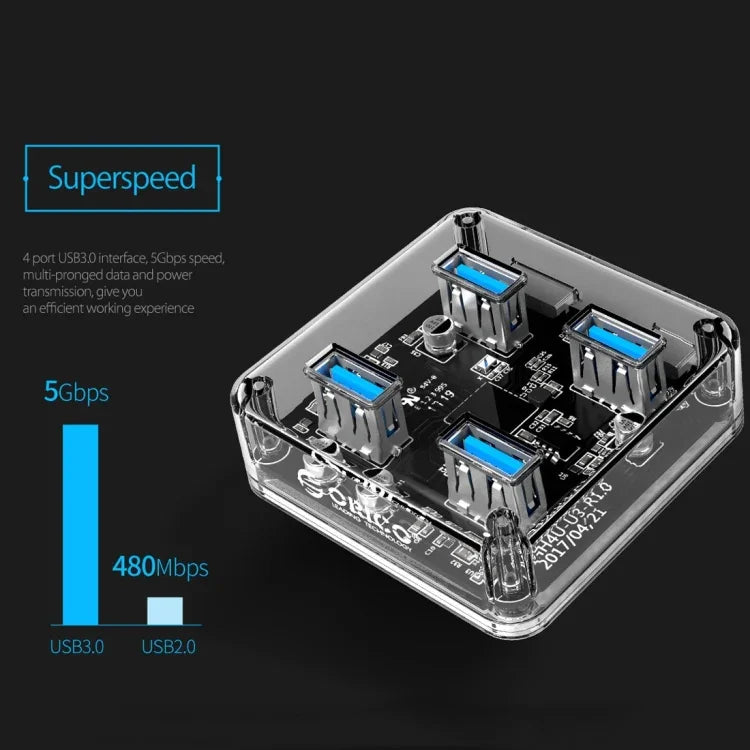 ORICO MH4U-100 USB 3.0 투명 데스크탑 허브, 100cm 마이크로 USB 케이블 포함, MH4U-100