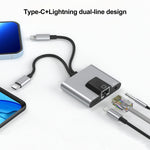 NK-1056Pro 3 in 1 8핀 + USB-C / Type-C 수컷 to 8핀 충전 + 이더넷 + 3.5mm 이어폰 암컷 어댑터, NK-1056Pro