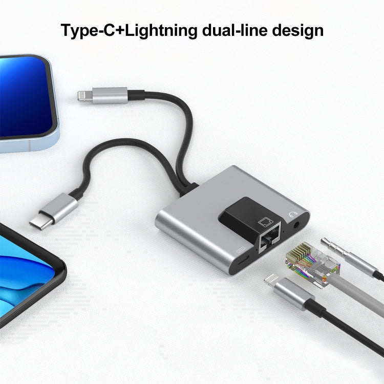 NK-1056Pro 3 in 1 8핀 + USB-C / Type-C 수컷 to 8핀 충전 + 이더넷 + 3.5mm 이어폰 암컷 어댑터, NK-1056Pro