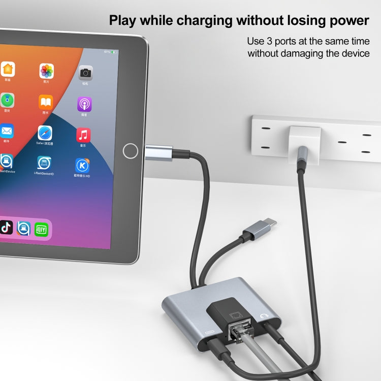 NK-1056Pro 3 in 1 8핀 + USB-C / Type-C 수컷 to 8핀 충전 + 이더넷 + 3.5mm 이어폰 암컷 어댑터, NK-1056Pro