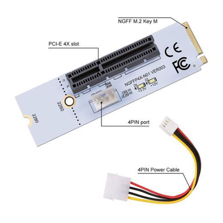 NGFF M.2 키 M에서 PCI-E 1X / 4X / 8X / 16X 그래픽 카드 마이닝 슬롯 어댑터 라이저 컨버터 카드 LED 및 4핀 전원 케이블 포함, VER003 4핀 전원 케이블 포함