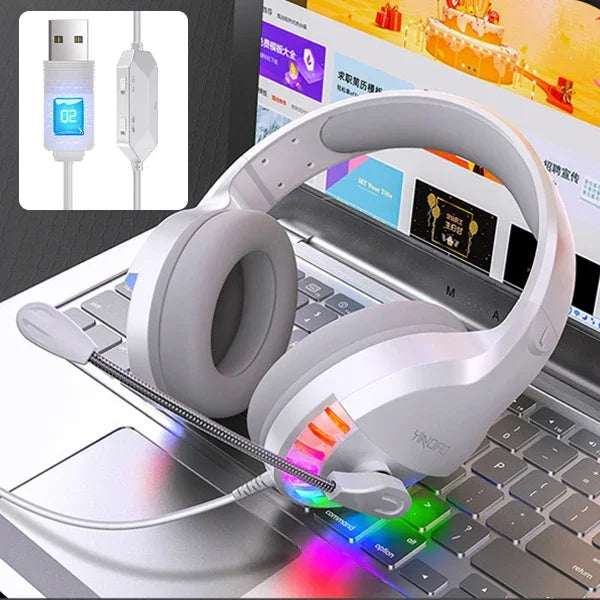 YINDIAO Q2 헤드마운트 유선 게임용 헤드셋 마이크 포함, 버전: 싱글 USB 사운드 카드, Q2 싱글 USB 사운드 카드(화이트)