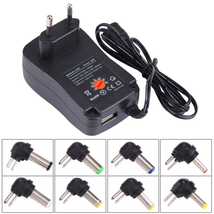 EU 플러그 범용 30W 전원 벽면 플러그인 어댑터 5V 2.1A USB 포트 포함, 팁: 6개, 케이블 길이: 약 1.2m, EU 플러그