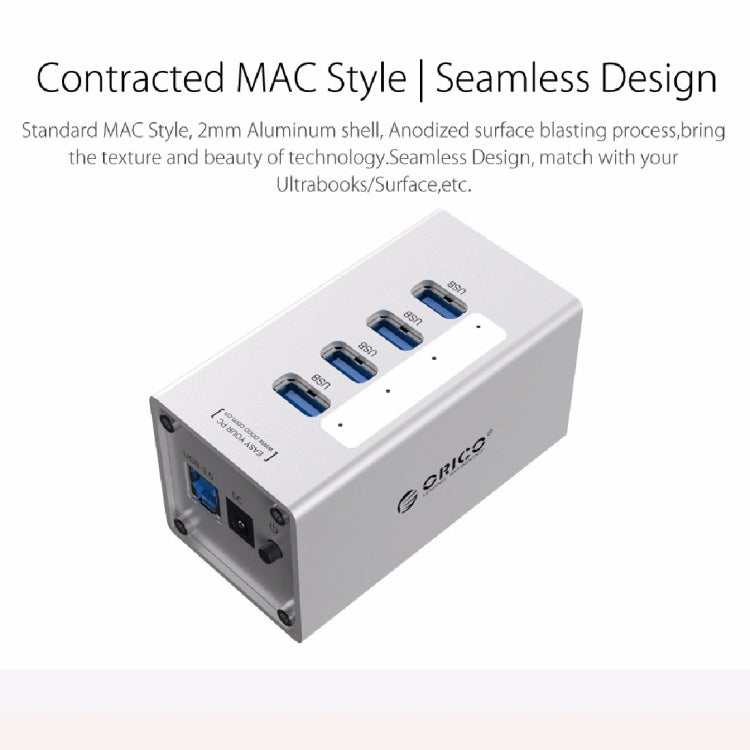 ORICO A3H4 알루미늄 고속 4포트 USB 3.0 허브, 12V/2.5A 전원 공급, 노트북용, 4포트 (실버)