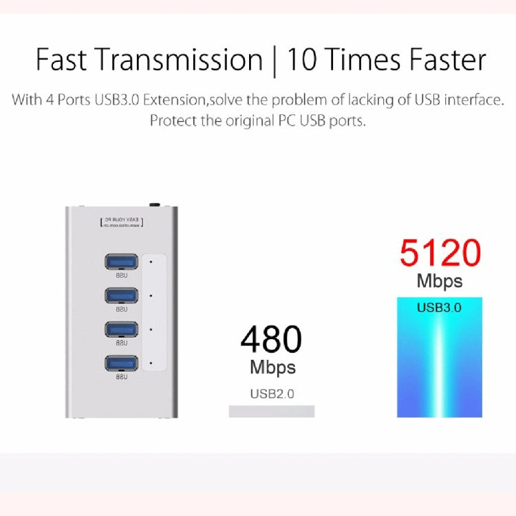 ORICO A3H4 알루미늄 고속 4포트 USB 3.0 허브, 12V/2.5A 전원 공급, 노트북용, 4포트 (실버)