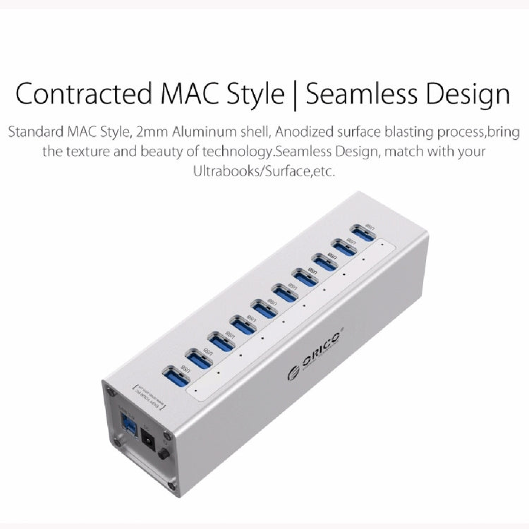 ORICO A3H10 알루미늄 고속 10포트 USB 3.0 허브 전원 어댑터 포함 노트북용, 10포트 (실버), 10포트 (블랙)