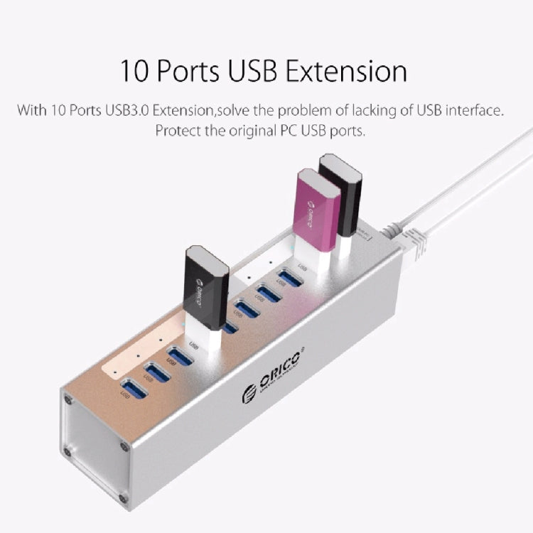 ORICO A3H10 알루미늄 고속 10포트 USB 3.0 허브 전원 어댑터 포함 노트북용, 10포트 (실버), 10포트 (블랙)