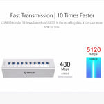 ORICO A3H10 알루미늄 고속 10포트 USB 3.0 허브 전원 어댑터 포함 노트북용, 10포트 (실버), 10포트 (블랙)