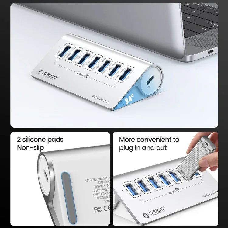 ORICO M3U7 알루미늄 합금 7포트 USB 3.2 Gen1 5Gbps 허브, 0.5m 케이블 포함, M3U7 0.5m