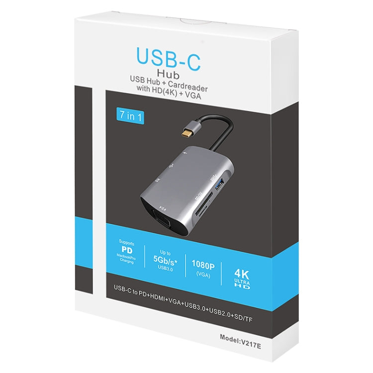 V217E 7-in-1 타입 C / USB-C to PD + HDMI + VGA + USB3.0 + UB2.0 + SD / TF 다기능 타입-C / USB-C 허브 도킹 스테이션, PD+HDMI+VGA+USB3.0+UB2.0+SD / TF
