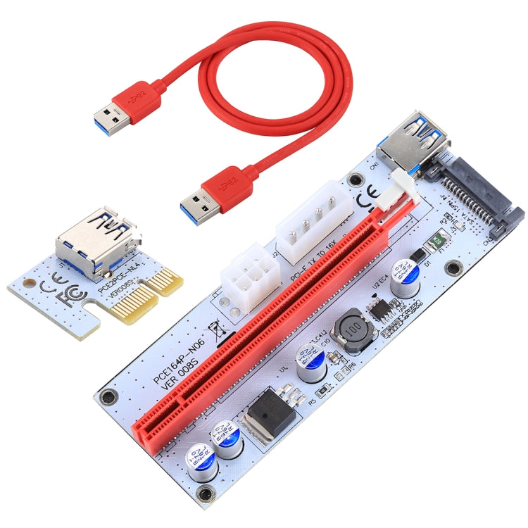 PCE164P-N06 VER008S USB 3.0 PCI-E 익스프레스 1x to 16x PCI-E 익스텐더 라이저 카드 어댑터 15핀 SATA 전원 6핀 + 4핀 전원 공급 포트, 60cm USB 케이블 포함, VER008S 레드