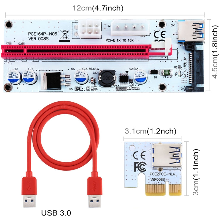 PCE164P-N06 VER008S USB 3.0 PCI-E 익스프레스 1x to 16x PCI-E 익스텐더 라이저 카드 어댑터 15핀 SATA 전원 6핀 + 4핀 전원 공급 포트, 60cm USB 케이블 포함, VER008S 레드