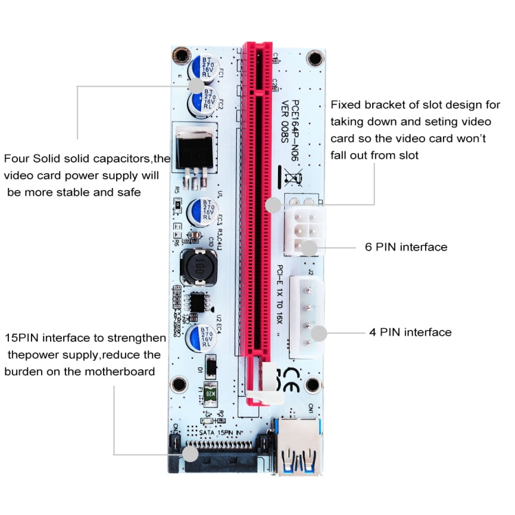 PCE164P-N06 VER008S USB 3.0 PCI-E 익스프레스 1x to 16x PCI-E 익스텐더 라이저 카드 어댑터 15핀 SATA 전원 6핀 + 4핀 전원 공급 포트, 60cm USB 케이블 포함, VER008S 레드