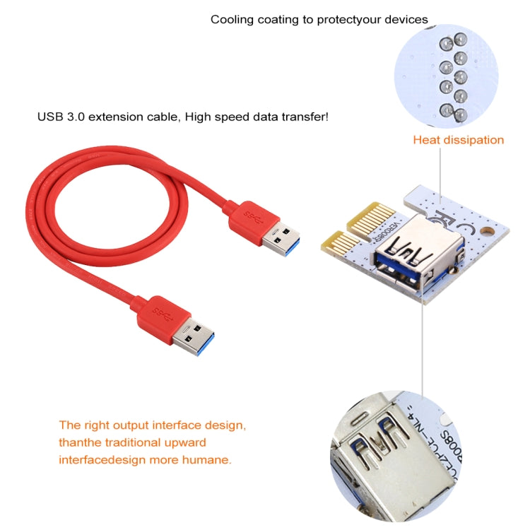 PCE164P-N06 VER008S USB 3.0 PCI-E 익스프레스 1x to 16x PCI-E 익스텐더 라이저 카드 어댑터 15핀 SATA 전원 6핀 + 4핀 전원 공급 포트, 60cm USB 케이블 포함, VER008S 레드