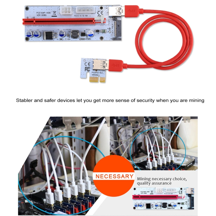 PCE164P-N06 VER008S USB 3.0 PCI-E 익스프레스 1x to 16x PCI-E 익스텐더 라이저 카드 어댑터 15핀 SATA 전원 6핀 + 4핀 전원 공급 포트, 60cm USB 케이블 포함, VER008S 레드