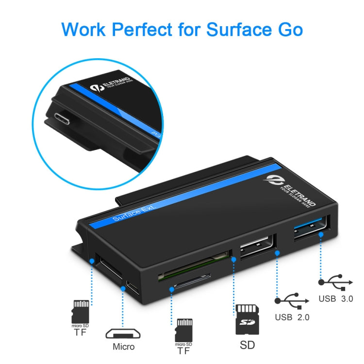ROCKETEK RT-SGO727 USB 3.0 + USB 2.0 + 마이크로 USB 인터페이스 허브 Microsoft Surface Go용, 2 TF 카드 및 SD 카드 슬롯 포함, RT-SGO727