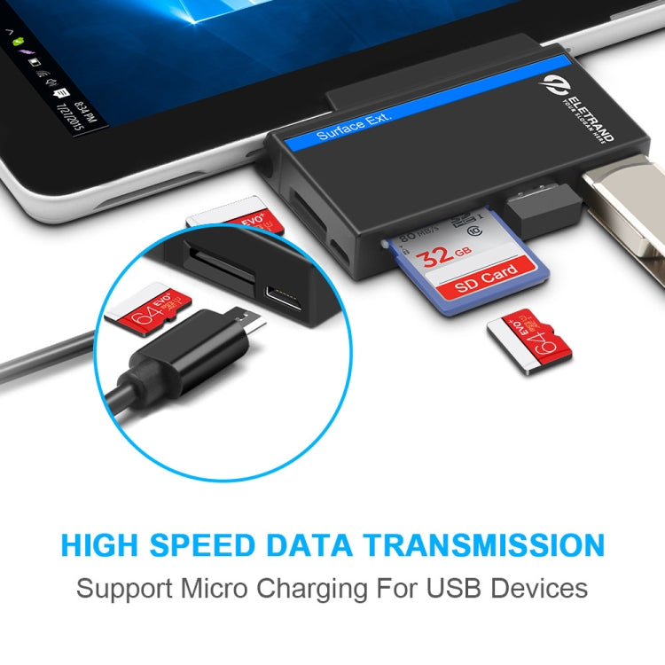 ROCKETEK RT-SGO727 USB 3.0 + USB 2.0 + 마이크로 USB 인터페이스 허브 Microsoft Surface Go용, 2 TF 카드 및 SD 카드 슬롯 포함, RT-SGO727