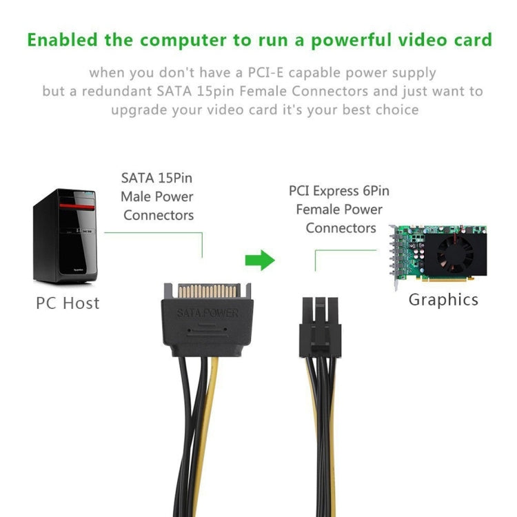 20cm SATA 15핀에서 6핀 PCI 익스프레스 그래픽 비디오 카드 SATA 전원 케이블, SATA 15핀 암형에서 6핀 암형