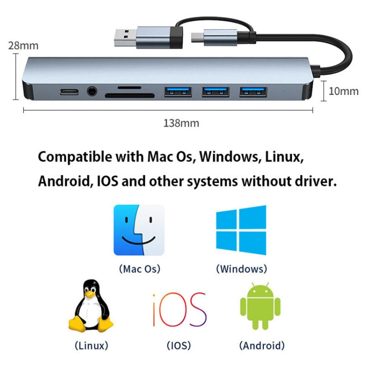 BYL-2218TU 8-in-1 USB + USB-C / 타입-C to USB 다기능 도킹 스테이션 허브 어댑터, BYL-2218TU