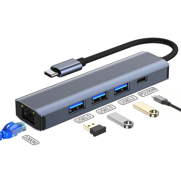 BYL-2302 5-in-1 USB-C / Type-C to USB 다기능 도킹 스테이션 허브 어댑터 1000M 네트워크 포트 포함, BYL-2302