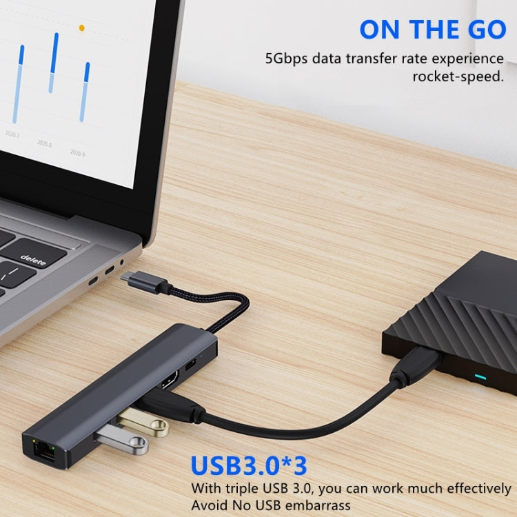 BYL-2210 6-in-1 USB-C / Type-C to USB 다기능 도킹 스테이션 허브 어댑터 1000M 네트워크 포트 포함, BYL-2210