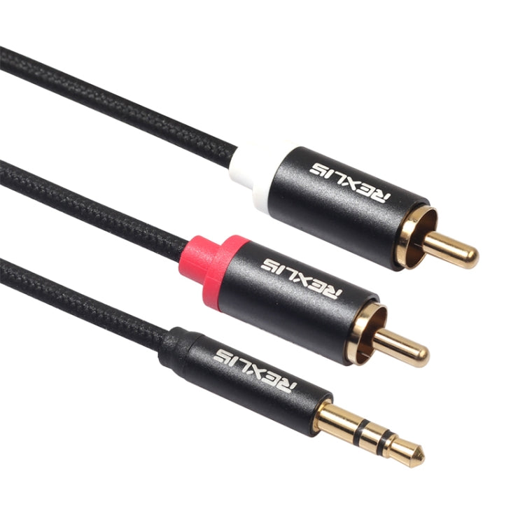 REXLIS 3635 3.5mm 수컷 to 듀얼 RCA 금도금 플러그 검정 코튼 꼬임 오디오 케이블, RCA 입력 인터페이스 액티브 스피커용, 길이: 1.8m