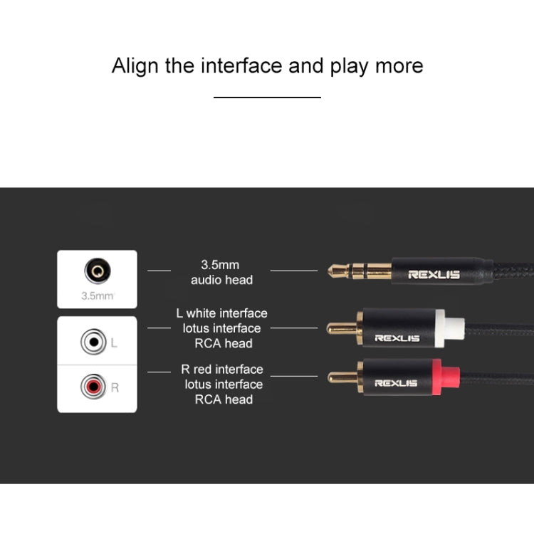 REXLIS 3635 3.5mm 수컷 to 듀얼 RCA 금도금 플러그 검정 코튼 꼬임 오디오 케이블, RCA 입력 인터페이스 액티브 스피커용, 길이: 1.8m