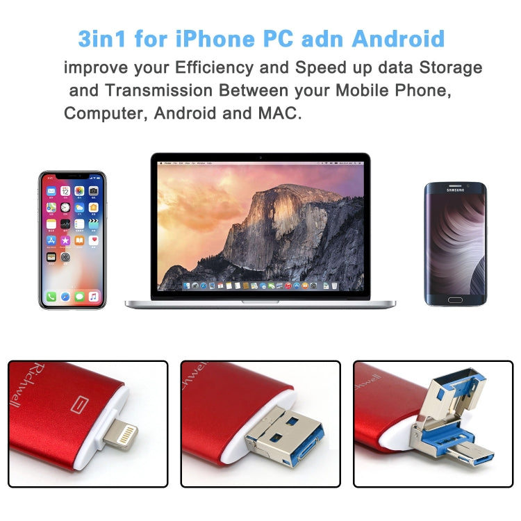 Richwell 3 in 1 128G Type-C + 8핀 + USB 3.0 금속 이중 커버 푸시풀 플래시 디스크, OTG 기능 포함