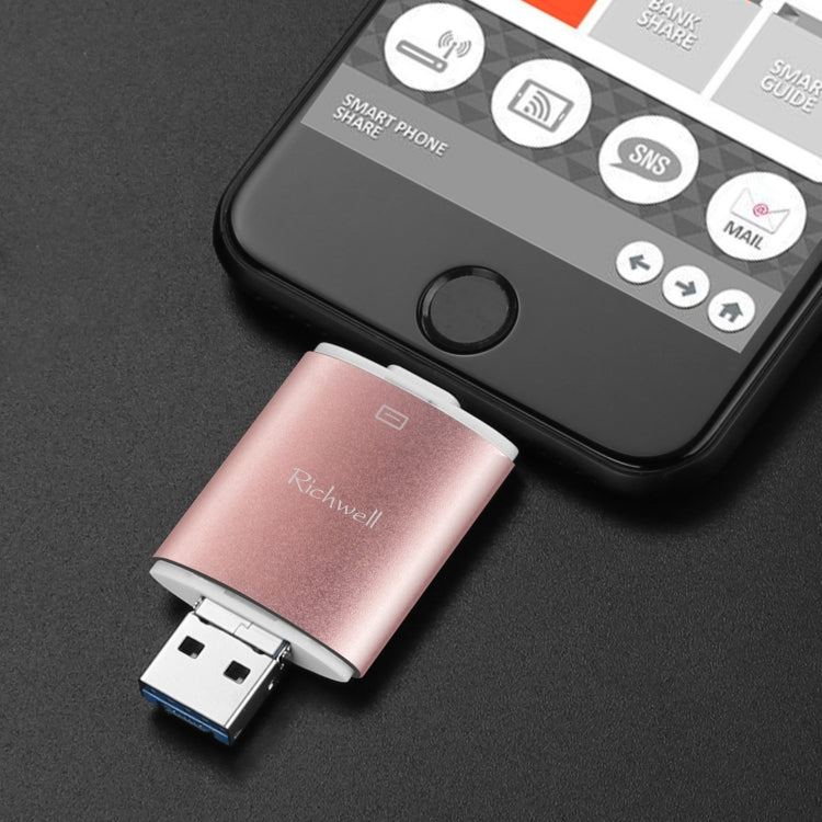 Richwell 3 in 1 128G Type-C + 8핀 + USB 3.0 금속 이중 커버 푸시풀 플래시 디스크, OTG 기능 포함