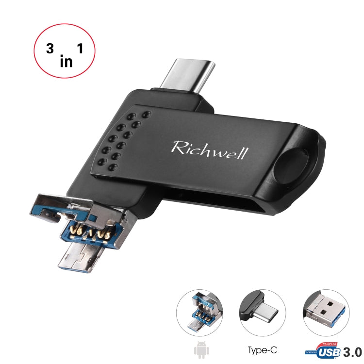 Richwell 3 in 1 16G 타입-C + 마이크로 USB + USB 3.0 메탈 플래시 디스크 OTG 기능 포함
