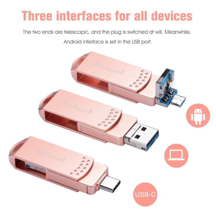 Richwell 3 in 1 128G 타입-C + 마이크로 USB + USB 3.0 메탈 플래시 디스크 OTG 기능 포함