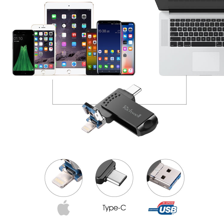 Richwell 128G 타입-C + 8핀 + USB 3.0 메탈 플래시 디스크 OTG 기능 포함