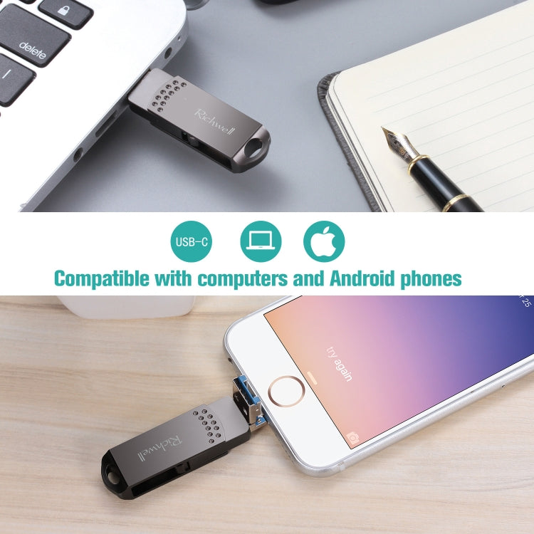 Richwell 128G 타입-C + 8핀 + USB 3.0 메탈 플래시 디스크 OTG 기능 포함