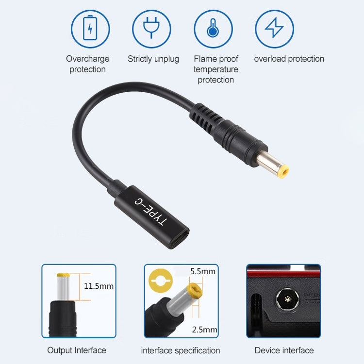 DP USB-C / 타입-C에서 5.5 x 2.5mm 전원 어댑터 충전 케이블, 5.5 x 2.5mm