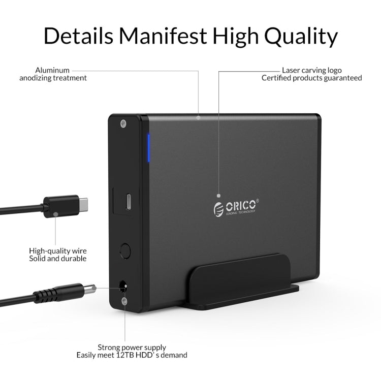 ORICO 7688C3 8TB 3.5인치 USB-C / 타입-C 모바일 HDD 인클로저 분리형 베이스 포함, 케이블 길이: 1m