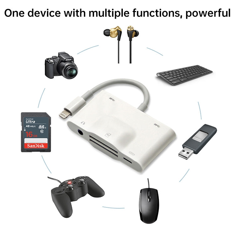 NK-1042 6 in 1 8핀 수컷 to 듀얼 USB + 듀얼 SD 카드 + 3.5mm 오디오 인터페이스 + 8핀 충전 인터페이스 암컷 포트 카메라 어댑터
