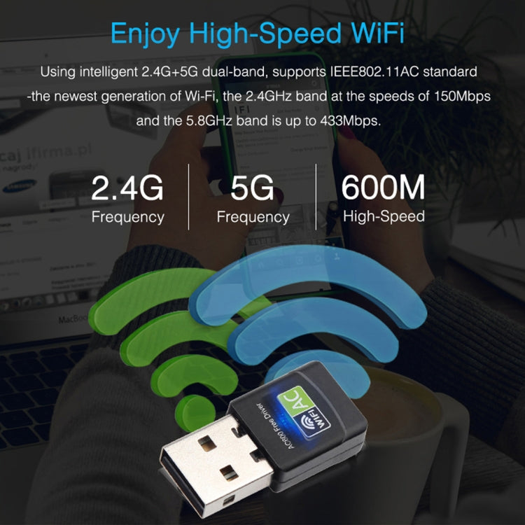 AC600Mbps 2.4GHz & 5GHz 듀얼 밴드 USB 2.0 WiFi 무드라이버 어댑터 외장 네트워크 카드, AC600Mbps