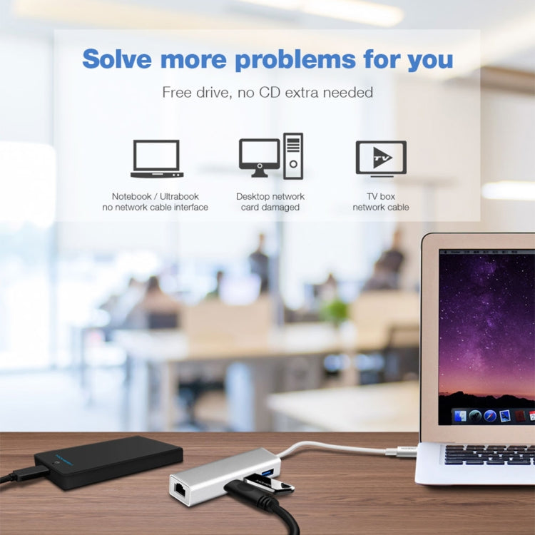 알루미늄 케이스 3 USB3.0 포트 허브 + USB-C / Type-C 기가비트 이더넷 어댑터, USB Type-C 1000Mbps