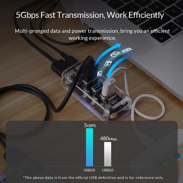 ORICO F4U 4포트 USB 3.0 5Gbps 고속 전송 데스크탑 허브 블루 LED 표시등, 4포트