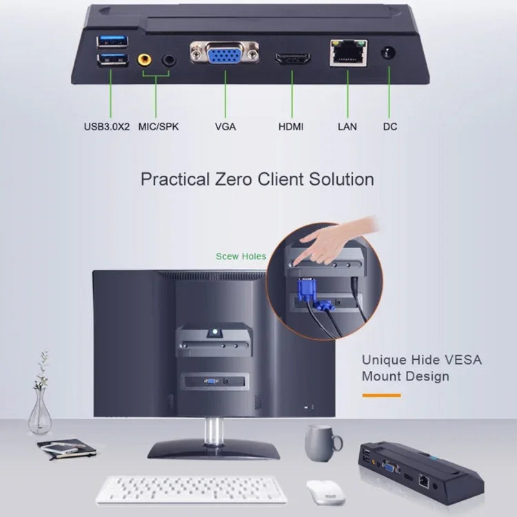 제로 클라이언트 R1W 미니 PC, CORTEX 쿼드 A9 쿼드코어 최대 1.6GHz, RAM: 1GB, ROM: 8GB, WiFi 지원, HDMI, VGA, RJ45, SPK, WiFi 버전