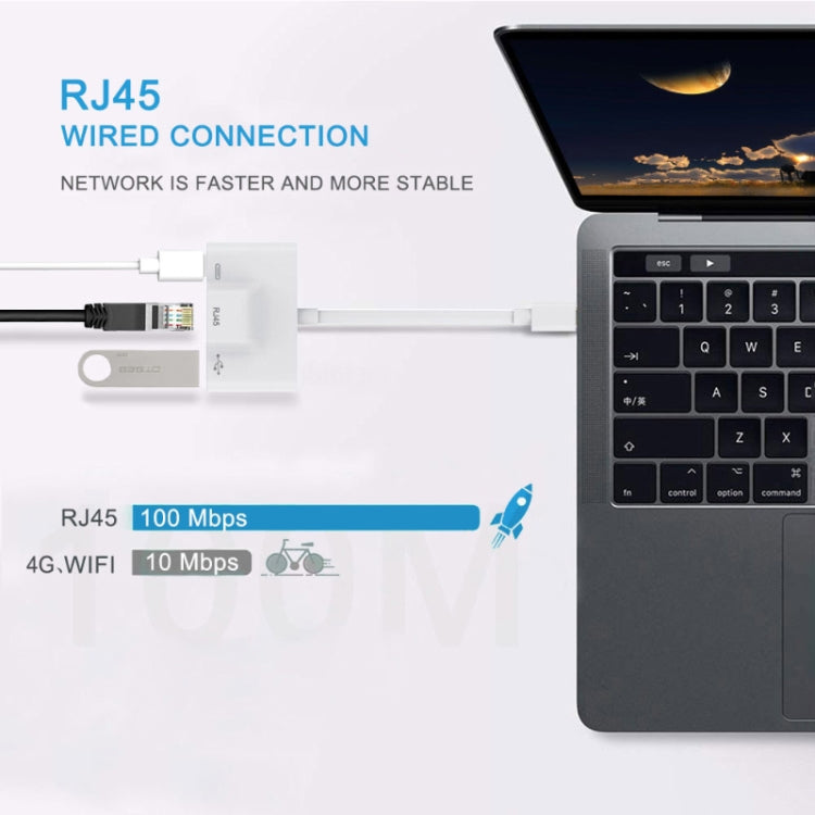 3-in-1 USB-C / Type-C 수컷 to USB + 100M RJ45 이더넷 + Type-C 전원 암컷 어댑터, 3-in-1