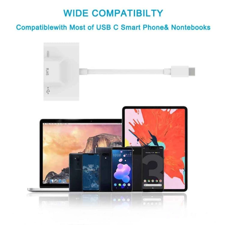 3-in-1 USB-C / Type-C 수컷 to USB + 100M RJ45 이더넷 + Type-C 전원 암컷 어댑터, 3-in-1
