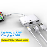 NK-107 3 in 1 이더넷 + USB + 8핀 충전 암포트 to 8핀 수컷 OTG 디지털 비디오 변환 케이블