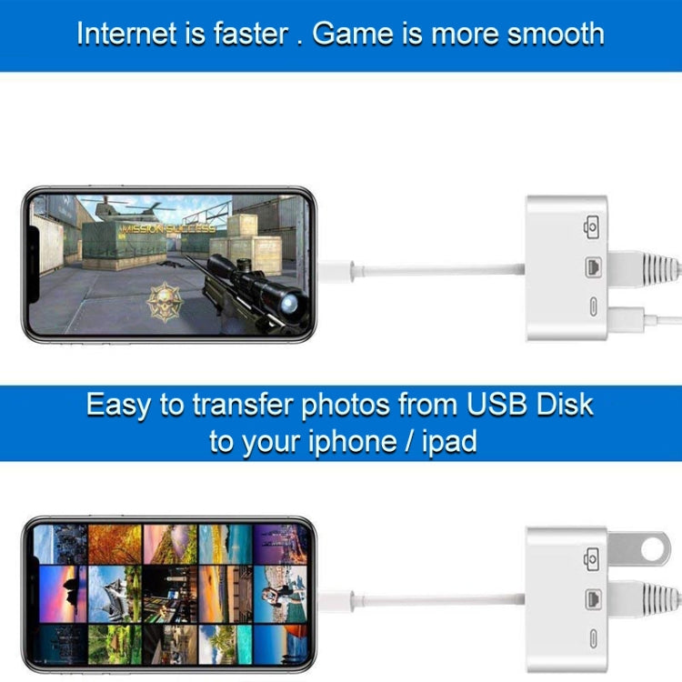 NK-107 3 in 1 이더넷 + USB + 8핀 충전 암포트 to 8핀 수컷 OTG 디지털 비디오 변환 케이블