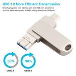 3-in-1 64G 마이크로 USB + 8핀 + 타입-C 금속 회전 푸시풀 플래시 디스크 OTG 기능 포함, 64G USB + 8핀 + 타입-C