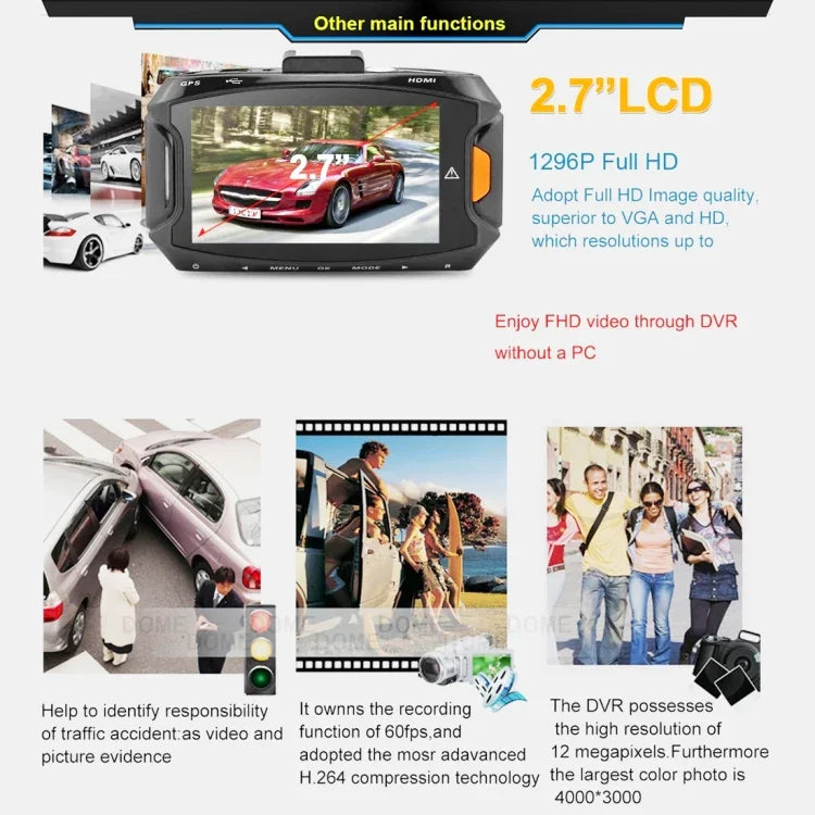 GS90C 자동차 DVR 카메라 2.7인치 LCD 화면 HD 2304 x 1296P 170도 광각, 모션 감지 / TF 카드 / G-센서 / HDMI 지원, GS90C