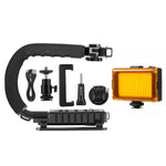 PULUZ U/C형 휴대용 핸드헬드 DV 브래킷 스태빌라이저 + LED 스튜디오 라이트 키트 콜드 슈 삼각대 헤드 포함 모든 SLR 카메라 및 가정용 DV 카메라용, 브래킷 키트 + LED