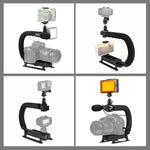 PULUZ U/C형 휴대용 핸드헬드 DV 브래킷 스태빌라이저 + LED 스튜디오 라이트 + 비디오 샷건 마이크 키트 콜드 슈 삼각대 헤드 포함 모든 SLR 카메라 및 가정용 DV 카메라용, 브래킷 키트 + 마이크 + LED