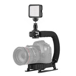 PULUZ U/C형 휴대용 핸드헬드 DV 브래킷 스태빌라이저 + LED 보조 조명 키트 콜드 슈 삼각대 헤드 포함 모든 SLR 카메라 및 가정용 DV 카메라용, C형 브래킷 + 보조 조명